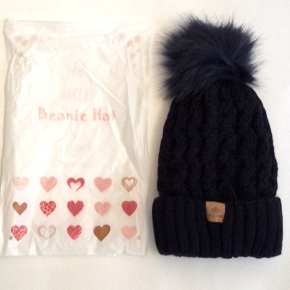 New Page One Beanie Hat, Navy Blue Color, with furry Ball.